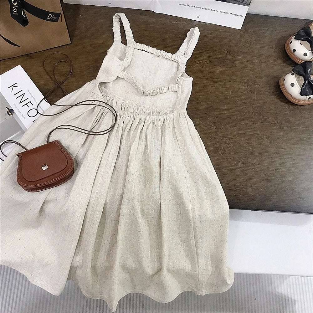 Korean Girls Sleeveless Dress Linen Halter Breathable Candy Color 2025 Summer Sweat-absorbent Girl's Vest Dresses