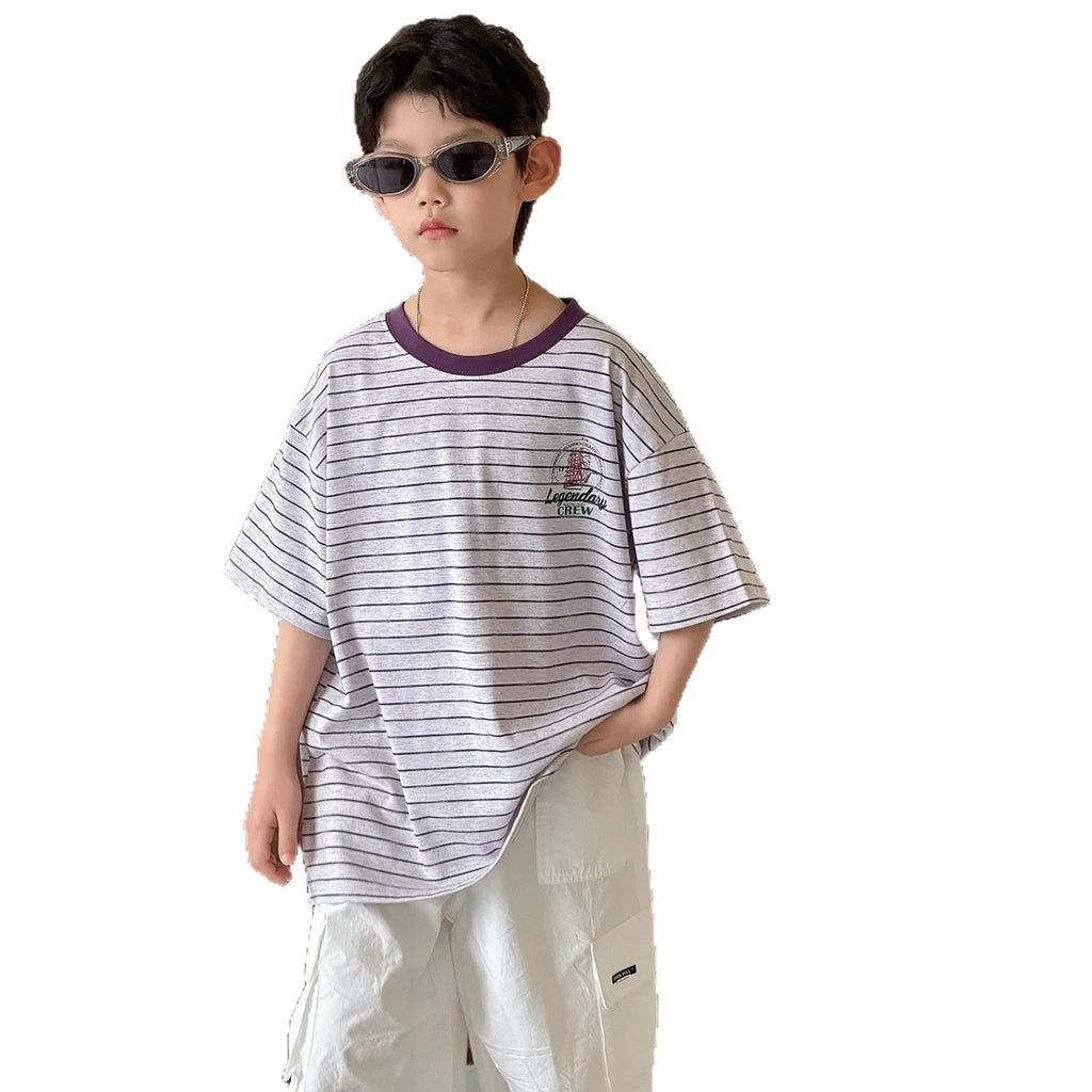 Children Clothing printing Loose T Shirt Simple Versatile Short Sleeved 2026 New Summer Boys Fashion Casual Striped Top