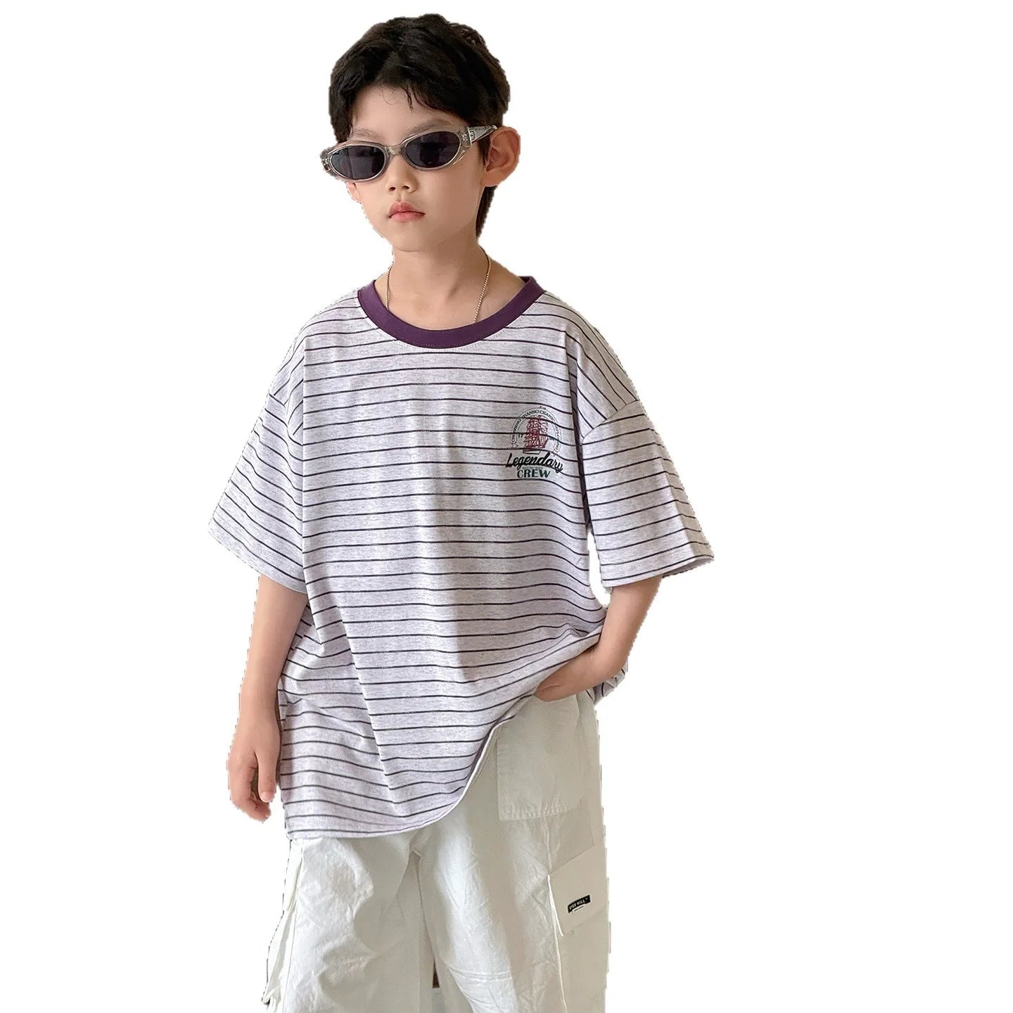 Children Clothing printing Loose T Shirt Simple Versatile Short Sleeved 2026 New Summer Boys Fashion Casual Striped Top