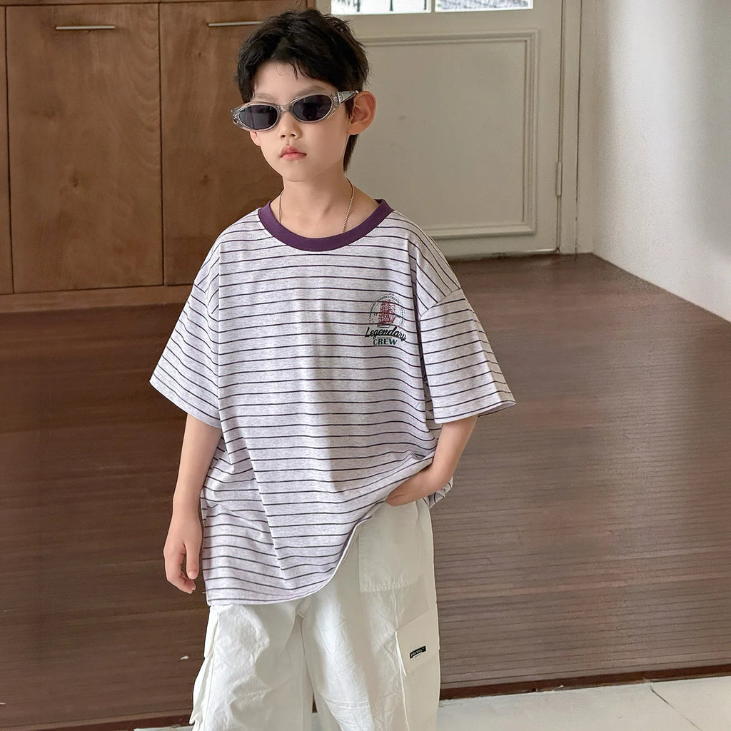 Children Clothing printing Loose T Shirt Simple Versatile Short Sleeved 2026 New Summer Boys Fashion Casual Striped Top