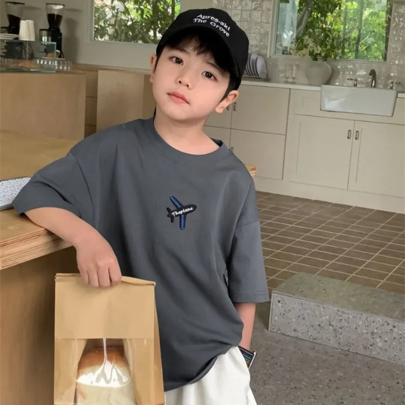2026 Summer Boys' 100% Cotton Printed T Shirt Lightweight Casual Kids' Versatile Top Trendy Print Breathable Fabric for Kids