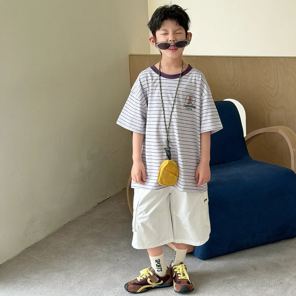 Children Clothing printing Loose T Shirt Simple Versatile Short Sleeved 2026 New Summer Boys Fashion Casual Striped Top