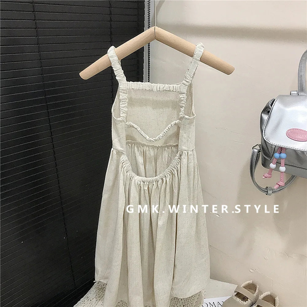 Korean Girls Sleeveless Dress Linen Halter Breathable Candy Color 2025 Summer Sweat-absorbent Girl's Vest Dresses