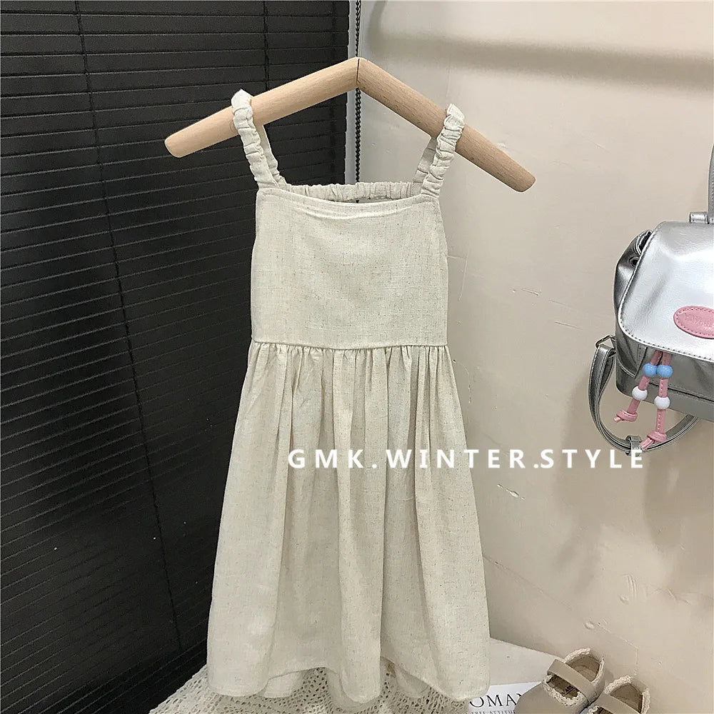 Korean Girls Sleeveless Dress Linen Halter Breathable Candy Color 2025 Summer Sweat-absorbent Girl's Vest Dresses