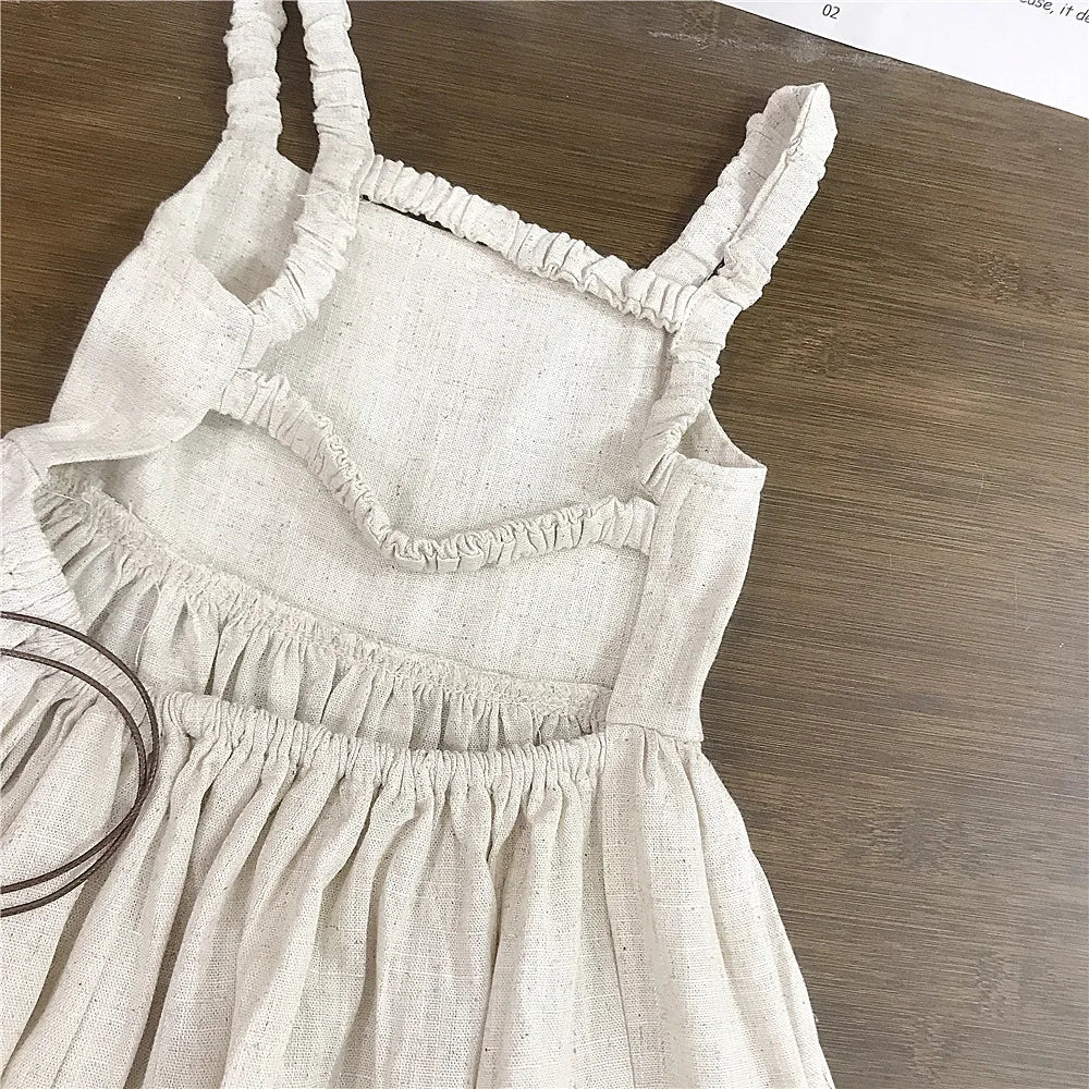 Korean Girls Sleeveless Dress Linen Halter Breathable Candy Color 2025 Summer Sweat-absorbent Girl's Vest Dresses
