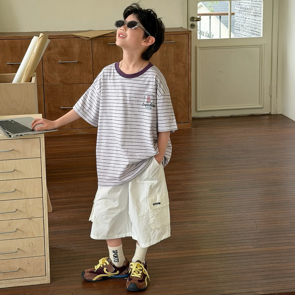 Children Clothing printing Loose T Shirt Simple Versatile Short Sleeved 2026 New Summer Boys Fashion Casual Striped Top
