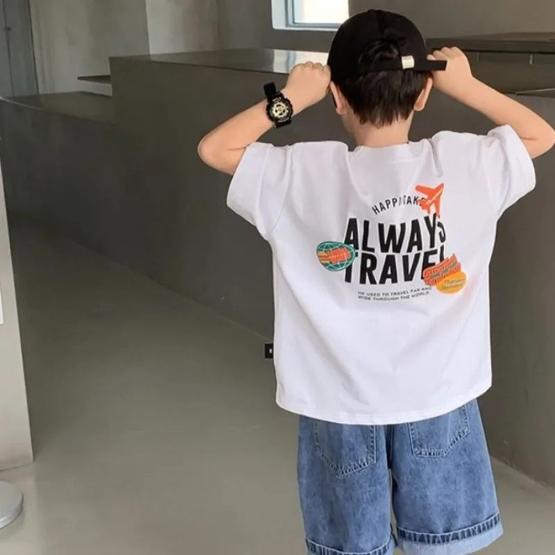 2026 Summer Boys' 100% Cotton Printed T Shirt Lightweight Casual Kids' Versatile Top Trendy Print Breathable Fabric for Kids