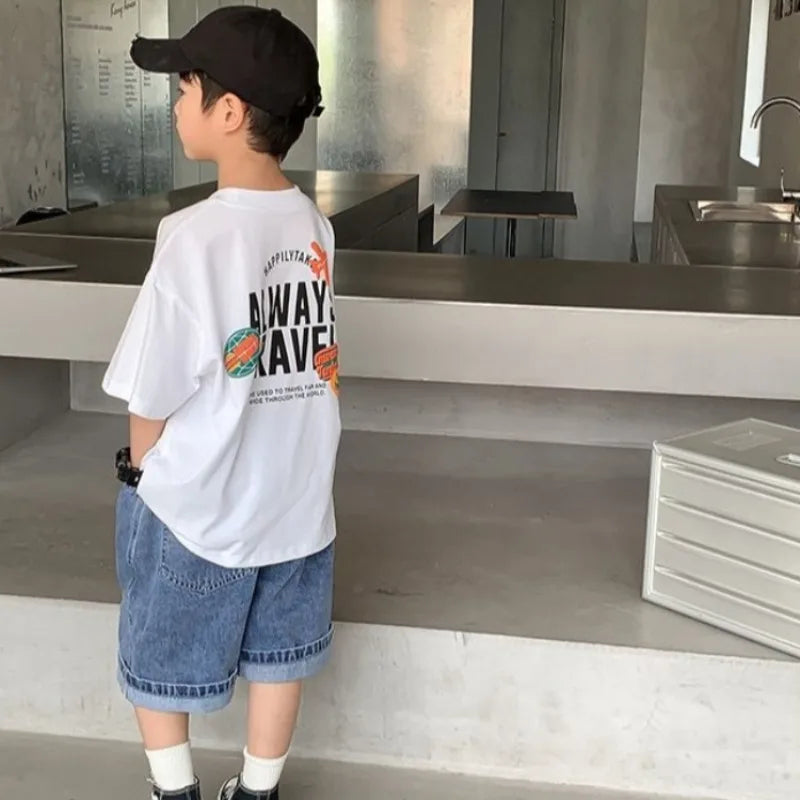 2026 Summer Boys' 100% Cotton Printed T Shirt Lightweight Casual Kids' Versatile Top Trendy Print Breathable Fabric for Kids