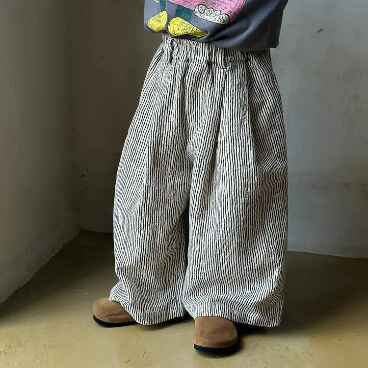 2025 Autumn New Children Loose Trousers Cotton Boys Fashion Striped Casual Pants Girls Versatile Wide Leg Pants Kids Clothes