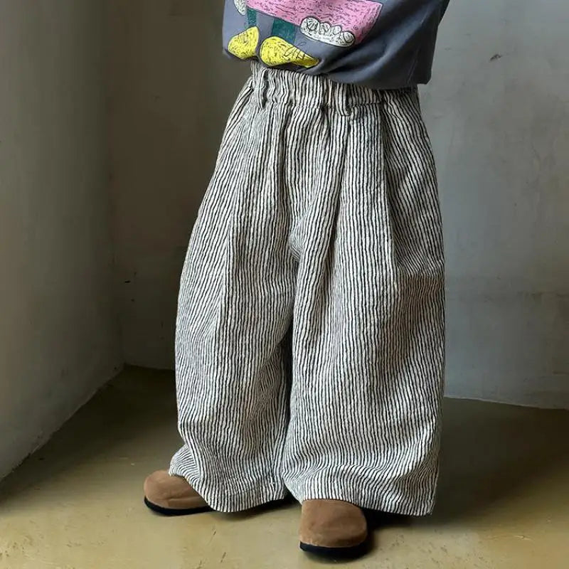 2025 Autumn New Children Loose Trousers Cotton Boys Fashion Striped Casual Pants Girls Versatile Wide Leg Pants Kids Clothes