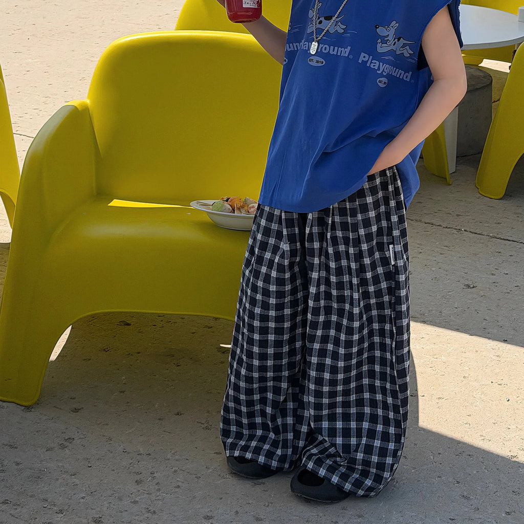 Children Clothing Kids Korean Style Casual Checkered Pants 2026 Summer Boys Fashion Loose Versatile Breathable Pants