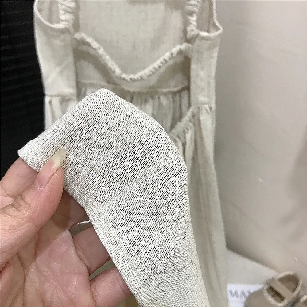 Korean Girls Sleeveless Dress Linen Halter Breathable Candy Color 2025 Summer Sweat-absorbent Girl's Vest Dresses
