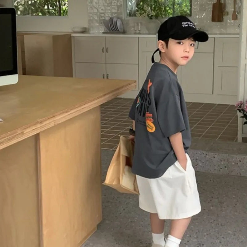 2026 Summer Boys' 100% Cotton Printed T Shirt Lightweight Casual Kids' Versatile Top Trendy Print Breathable Fabric for Kids