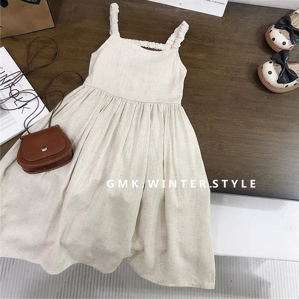 Korean Girls Sleeveless Dress Linen Halter Breathable Candy Color 2025 Summer Sweat-absorbent Girl's Vest Dresses