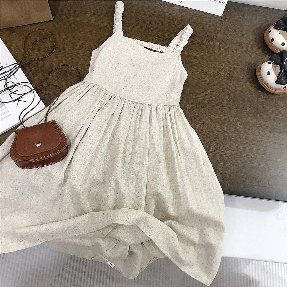 Korean Girls Sleeveless Dress Linen Halter Breathable Candy Color 2025 Summer Sweat-absorbent Girl's Vest Dresses