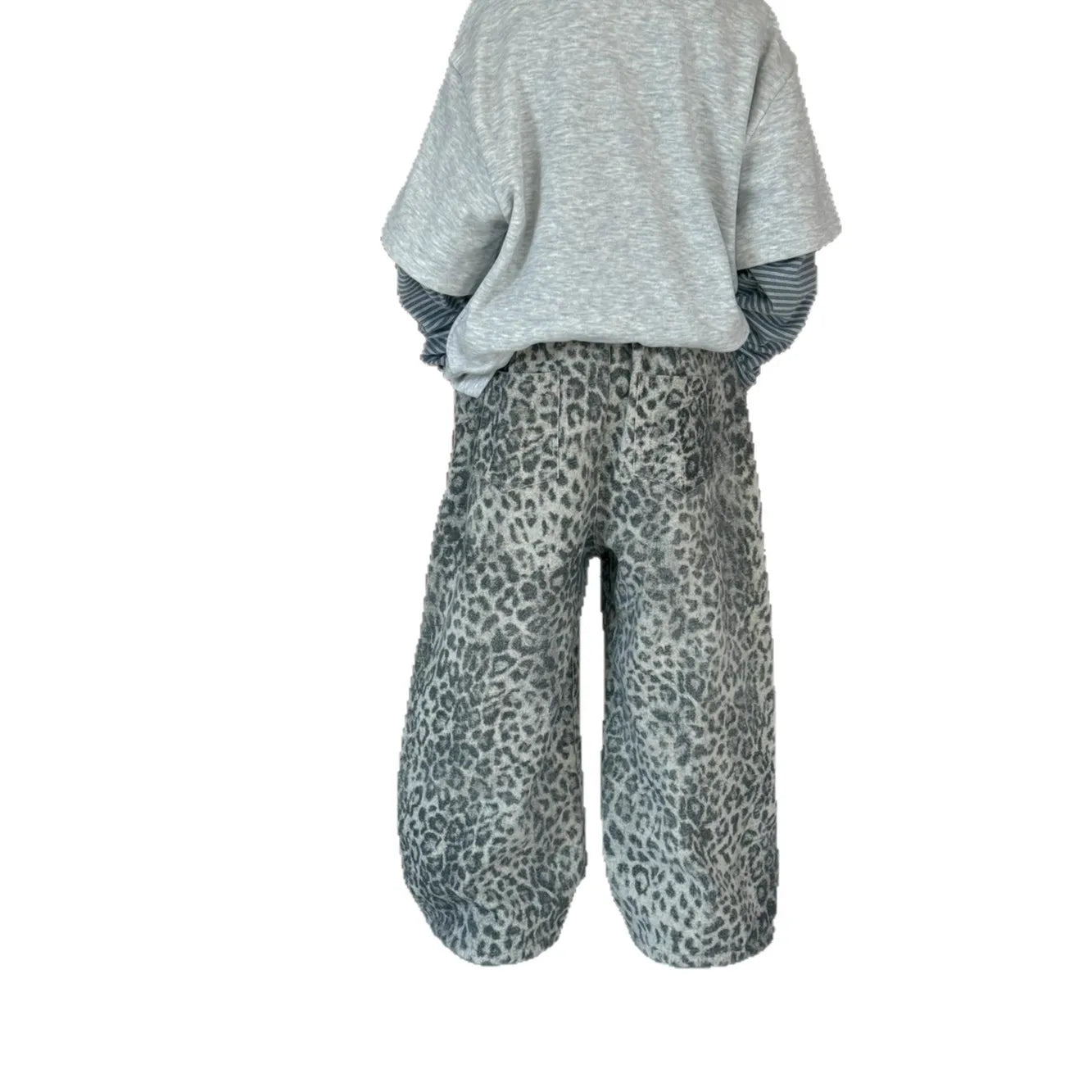 Children Pants 2025 Winter New Leopard Print Trousers Thick Denim Straight Pants For Boys And Girls Plus Velvet Wide-leg Pants